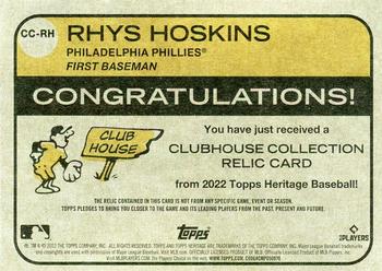 2022 Topps Heritage - Clubhouse Collection Relics #CC-RH Rhys Hoskins Back