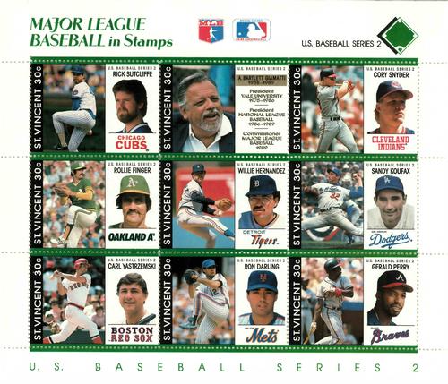 1989 St. Vincent Baseball Players Stamps - Sheets #NNO Rick Sutcliffe / A. Bartlett Giamatti / Cory Snyder / Rollie Fingers / Willie Hernandez / Sandy Koufax / Carl Yastrzemski / Ron Darling / Gerald Perry Front