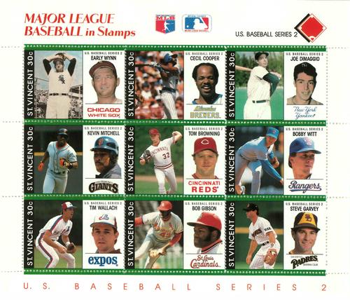 1989 St. Vincent Baseball Players Stamps - Sheets #NNO Early Wynn / Cecil Cooper / Joe Dimaggio / Kevin Mitchell / Tom Browning / Bobby Witt / Tim Wallach / Bob Gibson / Steve Garvey Front