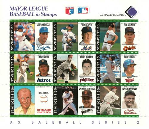 1989 St. Vincent Baseball Players Stamps - Sheets #NNO Mike Marshall / Tom Seaver / Bob Milacki / Dave Smith / Robin Roberts / Kent Hrbek / Bill Veeck / Carmelo Martinez / Rogers Hornsby Front