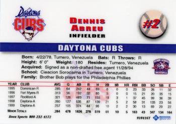 1999 Roox Daytona Cubs #NNO Dennis Abreu Back