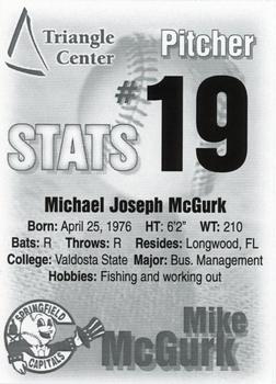 2000 Springfield Capitals #19 Mike McGurk Back