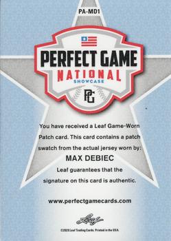 2020 Leaf Perfect Game National Showcase Baseball - Patch Autographs Lavender #PA-MD1 Max Debiec Back