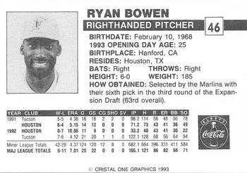 1993 Publix Coca-Cola Florida Marlins #NNO Ryan Bowen Back