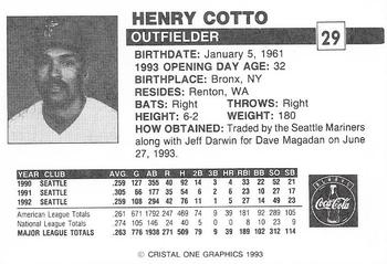 1993 Publix Coca-Cola Florida Marlins #NNO Henry Cotto Back