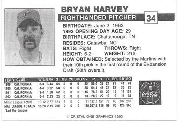 1993 Publix Coca-Cola Florida Marlins #NNO Bryan Harvey Back