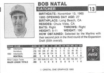 1993 Publix Coca-Cola Florida Marlins #NNO Bob Natal Back