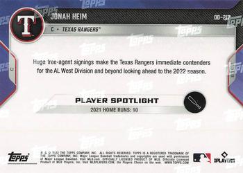 2022 Topps Now Road to Opening Day Texas Rangers #OD-217 Jonah Heim Back