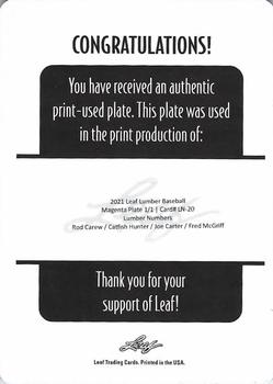 2021 Leaf Lumber - Lumber Numbers Relics Printing Plates Magenta #LN-20 Rod Carew / Catfish Hunter / Joe Carter / Fred McGriff Back