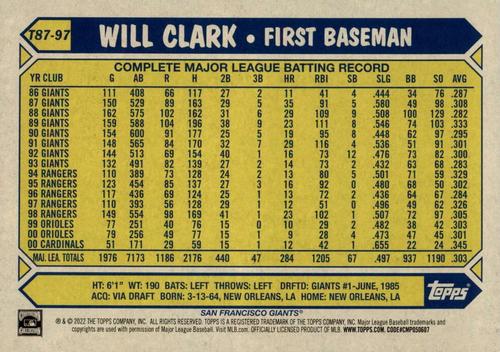 2022 Topps 1987 Topps Baseball 35th Anniversary (Series One) 5x7 #T87-97 Will Clark Back