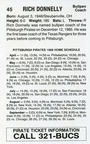 1988 Pittsburgh Pirates Schedule Postcards #NNO Rich Donnelly Back