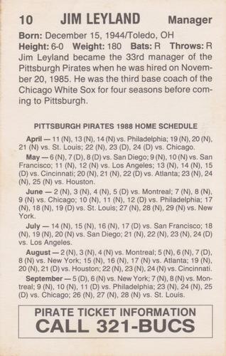 1988 Pittsburgh Pirates Schedule Postcards #NNO Jim Leyland Back