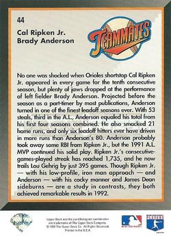 1993 Upper Deck #44 Iron and Steal (Cal Ripken Jr. / Brady Anderson) Back