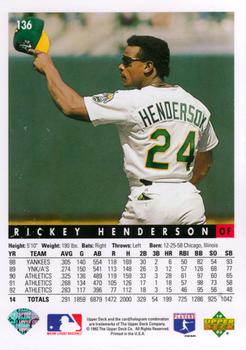 1993 Upper Deck #136 Rickey Henderson Back