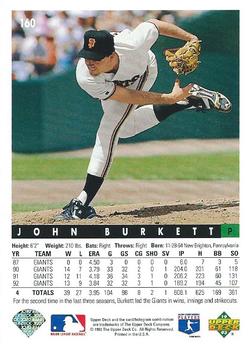 1993 Upper Deck #160 John Burkett Back