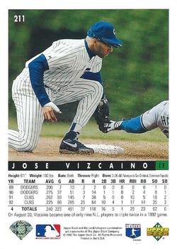 1993 Upper Deck #211 Jose Vizcaino Back