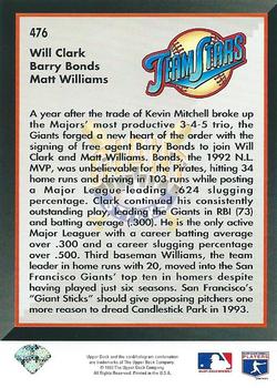 1993 Upper Deck #476 Giant Sticks (Will Clark / Barry Bonds / Matt Williams) Back