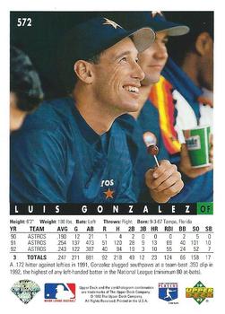 1993 Upper Deck #572 Luis Gonzalez Back