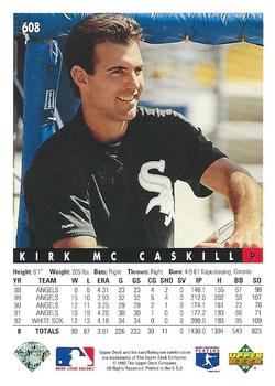 1993 Upper Deck #608 Kirk McCaskill Back
