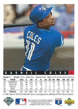 1993 Upper Deck #721 Darnell Coles Back