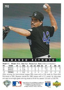 1993 Upper Deck #793 Armando Reynoso Back