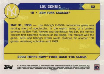 2022 Topps Now Turn Back the Clock #62 Lou Gehrig Back
