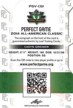 2014 Leaf Valiant - Perfect Game Green Die Cut #PGV-CG1 Cadyn Grenier Back