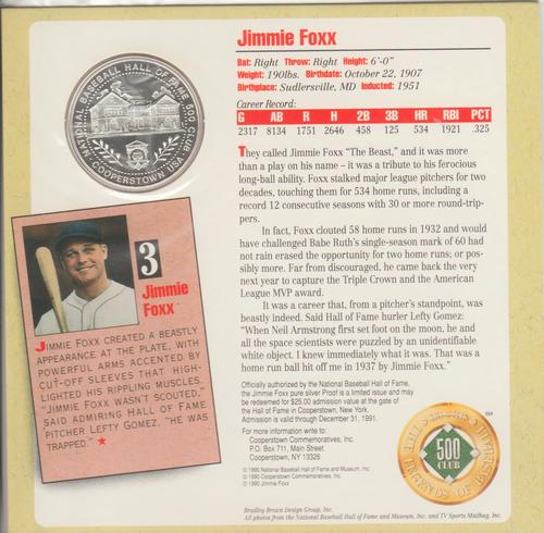 1990 National Baseball Hall of Fame and Museum The Legends of Baseball 500 Club #NNO Jimmie Foxx Back
