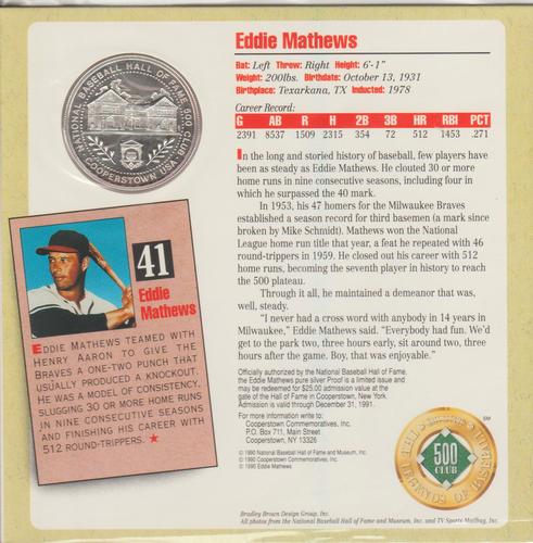 1990 National Baseball Hall of Fame and Museum The Legends of Baseball 500 Club #NNO Eddie Mathews Back