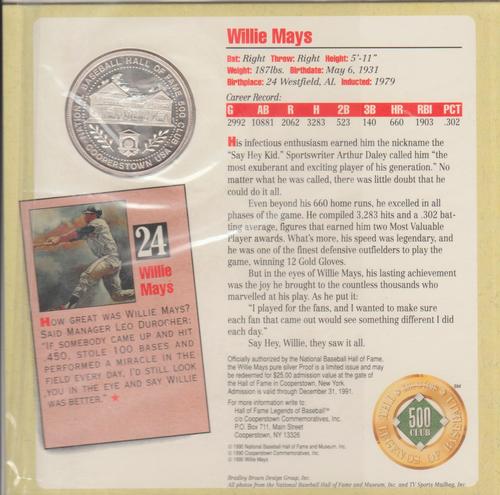 1990 National Baseball Hall of Fame and Museum The Legends of Baseball 500 Club #NNO Willie Mays Back