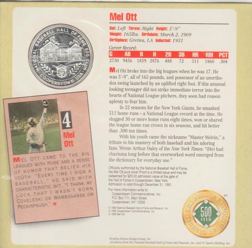 1990 National Baseball Hall of Fame and Museum The Legends of Baseball 500 Club #NNO Mel Ott Back