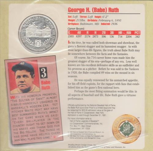 1990 National Baseball Hall of Fame and Museum The Legends of Baseball 500 Club #NNO Babe Ruth Back