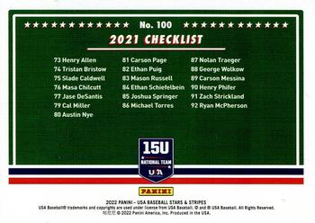 2022 Panini USA Baseball Stars & Stripes - Base Longevity Holo Gold (Hobby) #100 15U National Team Trials Checklist Back