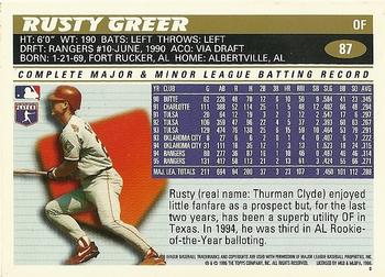 1996 Topps Team Topps Texas Rangers #87 Rusty Greer Back