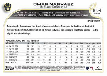 2022 Topps Milwaukee Brewers #MIL-4 Omar Narvaez Back