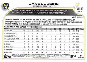 2022 Topps Milwaukee Brewers #MIL-10 Jake Cousins Back