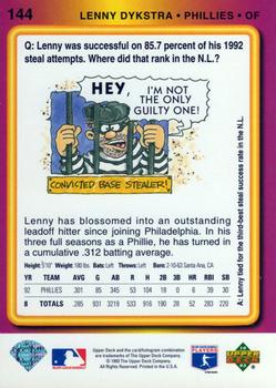 1993 Upper Deck Fun Pack #144 Lenny Dykstra Back