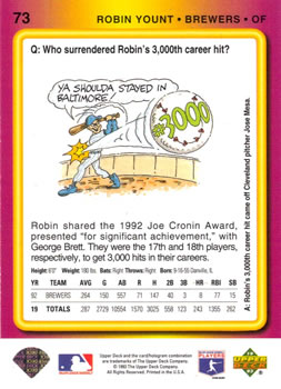 1993 Upper Deck Fun Pack #73 Robin Yount Back