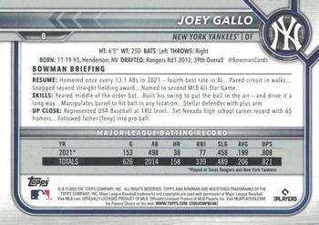 2022 Bowman - Sky Blue #8 Joey Gallo Back