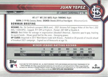 2022 Bowman - Sky Blue #24 Juan Yepez Back