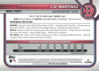 2022 Bowman - Sky Blue #26 J.D. Martinez Back