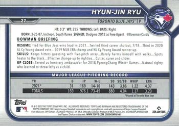 2022 Bowman - Sky Blue #27 Hyun-Jin Ryu Back