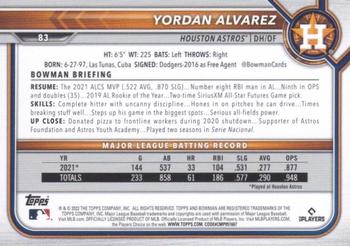 2022 Bowman - Sky Blue #83 Yordan Alvarez Back