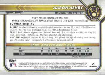 2022 Bowman - Neon Green #21 Aaron Ashby Back