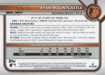 2022 Bowman - Blue #20 Ryan Mountcastle Back
