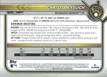 2022 Bowman - Blue #94 Christian Yelich Back