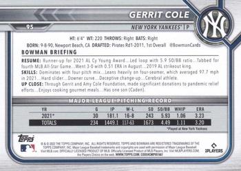 2022 Bowman - Blue #95 Gerrit Cole Back