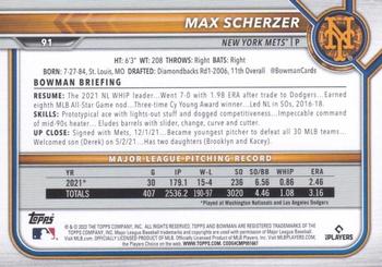 2022 Bowman - Gold #91 Max Scherzer Back