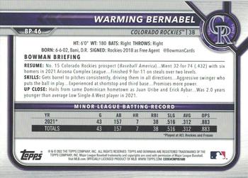 2022 Bowman - Prospects #BP-46 Warming Bernabel Back