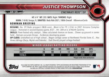 2022 Bowman - Prospects #BP-59 Justice Thompson Back